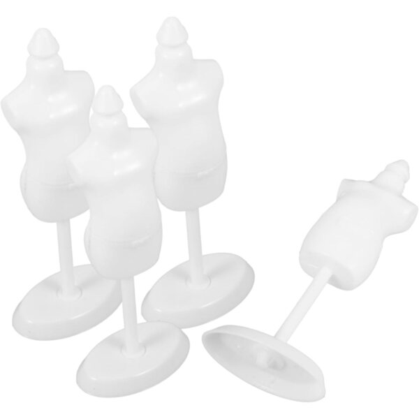 Set mit 4 robusten Mini-Schaufensterpuppen aus Kunststoff mit Puppenständer und Display