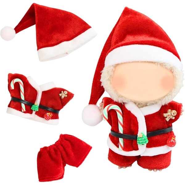 DEEMEIS Weihnachtsset für 17 cm große Puppen mit Mütze, Hemd, Hose und Kleiderbügel