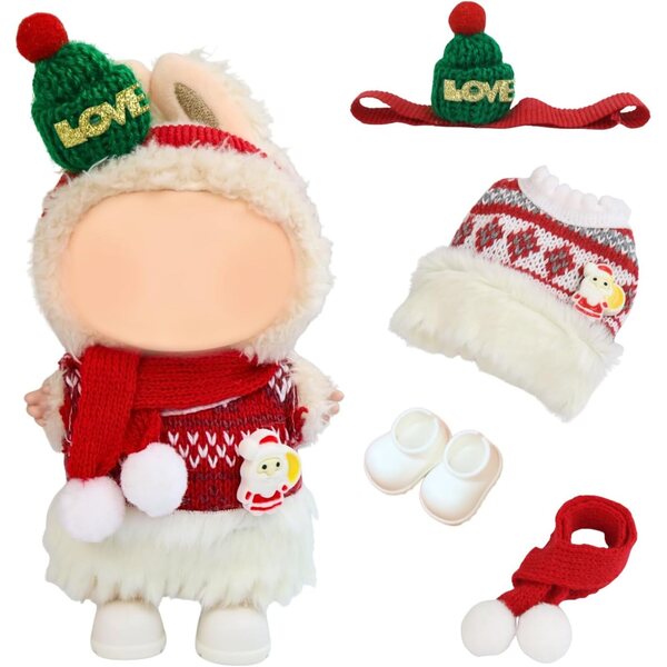 5-teiliges Winterset für 17 cm große Puppen mit Mütze, Schal, Rock und Weihnachtsschuhen