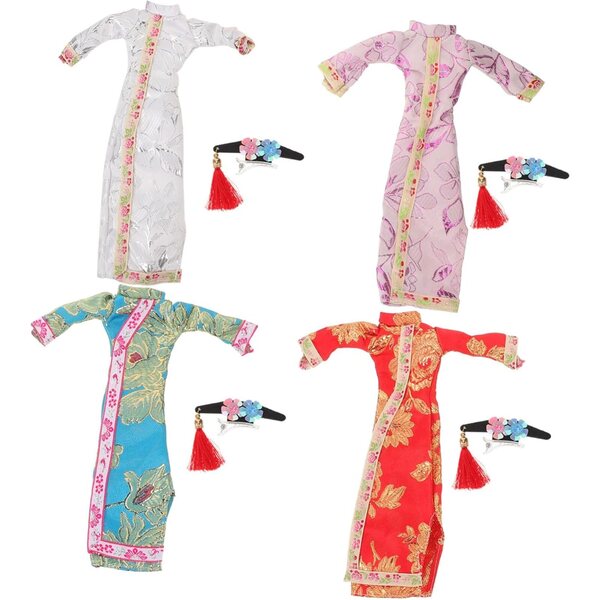 Set 4 Abiti Cheongsam per Bambole Colorati Blu Rosso Bianco con Copricapo
