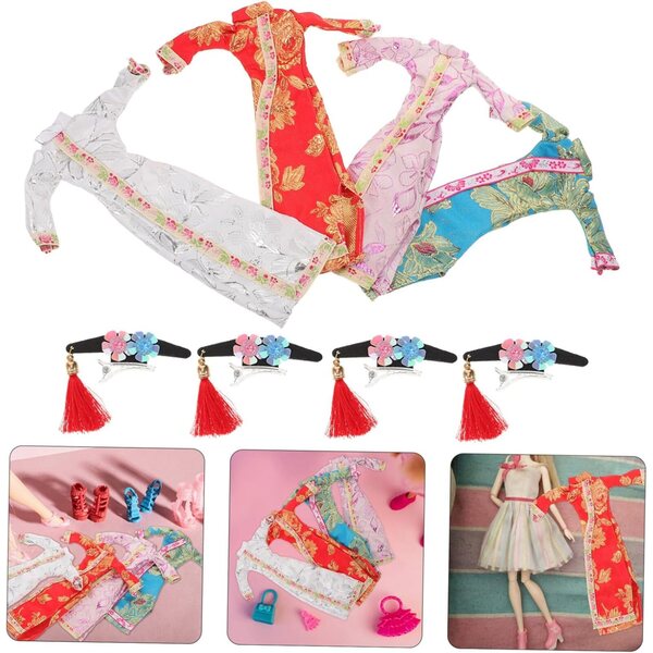 ORFOFE 4 Set Vestiti Cheongsam Bambole Cinesi Floreali Accessori Costume Vintage