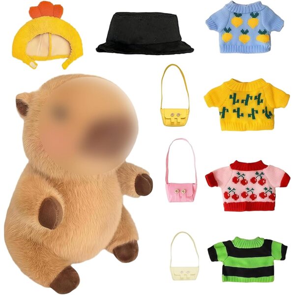 Bekleidungsset für 10-Zoll-Capybara-Plüschtier mit 4 Pullovern, 2 Hüten und 3 Taschen