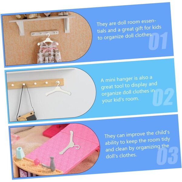 60 Mini-Kunststoff-Kleiderbügel für Puppen, Organizer, Kleidung, Zuhause, Kleiderschrank, Zubehör