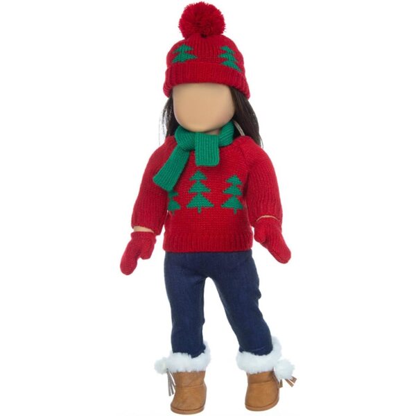 Mikinona Weihnachtskleidungsset für Puppe mit Baumwollpullover, Schal und Mütze