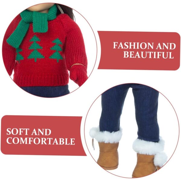 Mikinona Weihnachtskleidungsset für Puppe mit Baumwollpullover, Schal und Mütze
