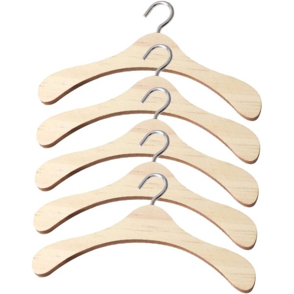 5 Mini Appendini in Legno Beige con Ganci in Metallo per Bambole e Miniature