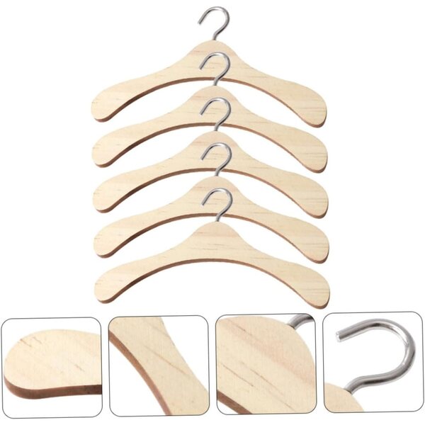 5 Mini Appendini in Legno Beige con Ganci in Metallo per Bambole e Miniature