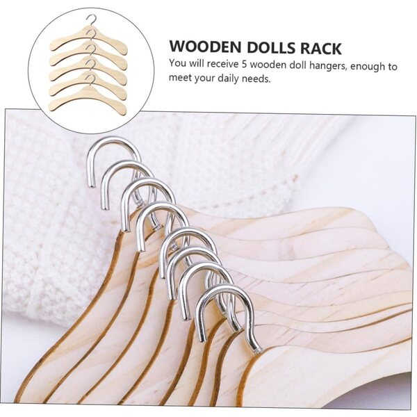 5 Mini Appendini in Legno Beige con Ganci in Metallo per Bambole e Miniature
