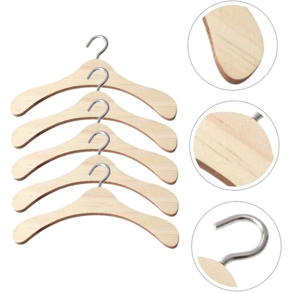 5 Mini Appendini in Legno Beige con Ganci in Metallo per Bambole e Miniature