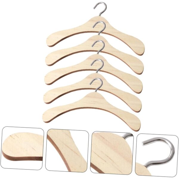 Set 5 Grucce in Legno Beige Miniature per Bambole con Ganci in Metallo Resistenti