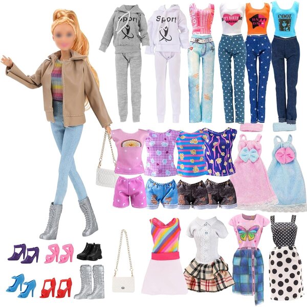 Set mit 21 Kleidungsstücken und Accessoires für 29 cm Barbie-kompatible Puppen, Freizeit- und Retro-Mode