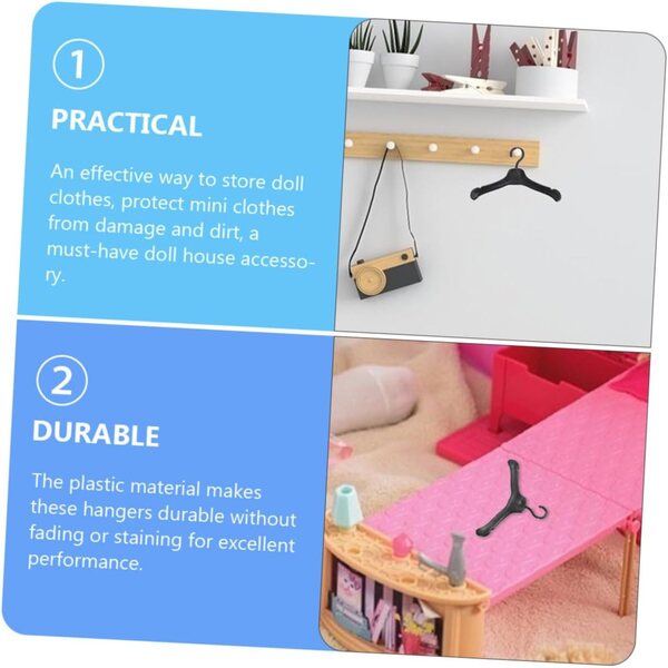 60 Mini-Kleiderbügel aus schwarzem Kunststoff für Puppen, widerstandsfähige Kleiderbügel für Kinderzimmer und Puppenhäuser