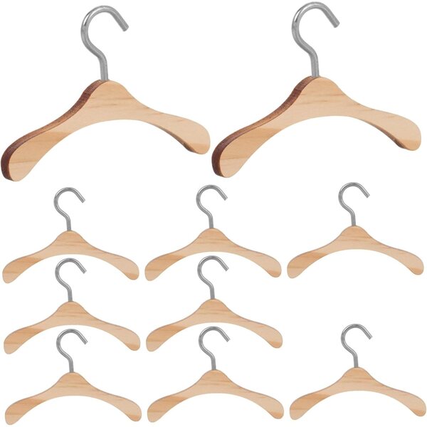 WOONEKY Set mit 10 Mini-Kleiderbügeln aus Holz für Puppen, widerstandsfähig und praktisch
