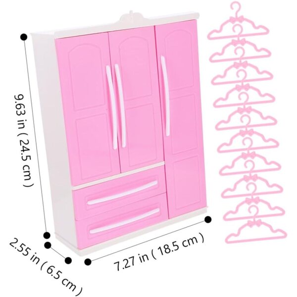 Miniatur-Kleiderbügel und Kleiderschrank mit 20 rosafarbenen Mini-Puppenhaus-Kleiderbügeln