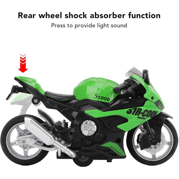 Einziehbares Motorradspielzeug aus grüner Legierung mit Geräuschen und Lichtern, simuliertes Modell
