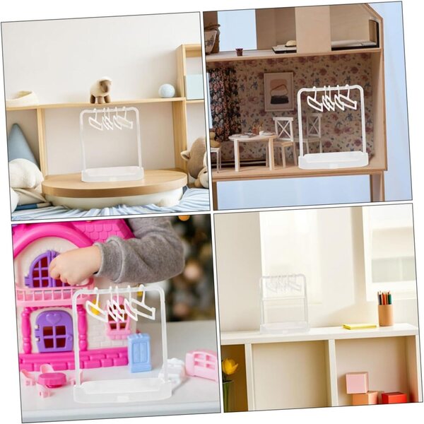 Tragbarer und platzsparender Mini-Wäscheständer und Kleiderbügel für Puppen mit 6 Kleiderbügeln