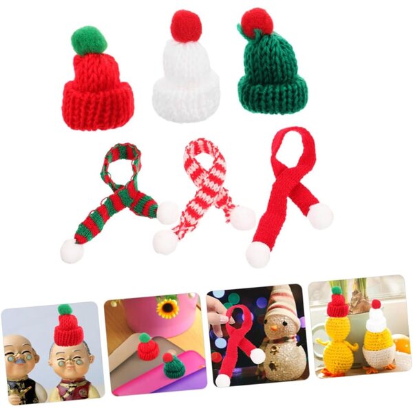 12 gestrickte Mini-Weihnachtsmützen und -schals in Rot, Weiß und Grün