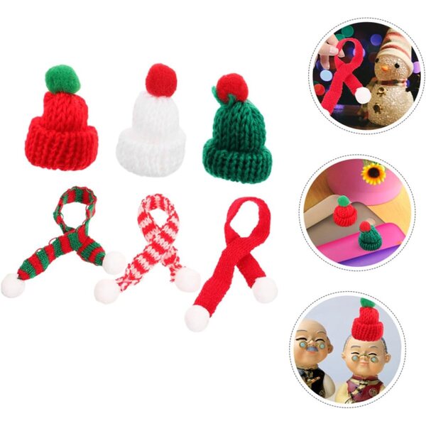 12 gestrickte Mini-Weihnachtsmützen und -schals in Rot, Weiß und Grün