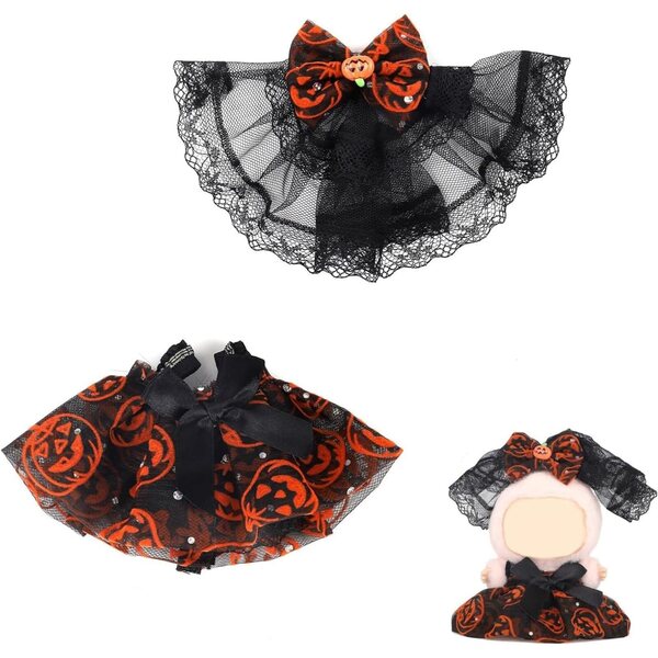 17 cm großes Halloween-Kostüm für Puppe – Kürbisrock und schwarz-orangefarbener Schleifenschleier