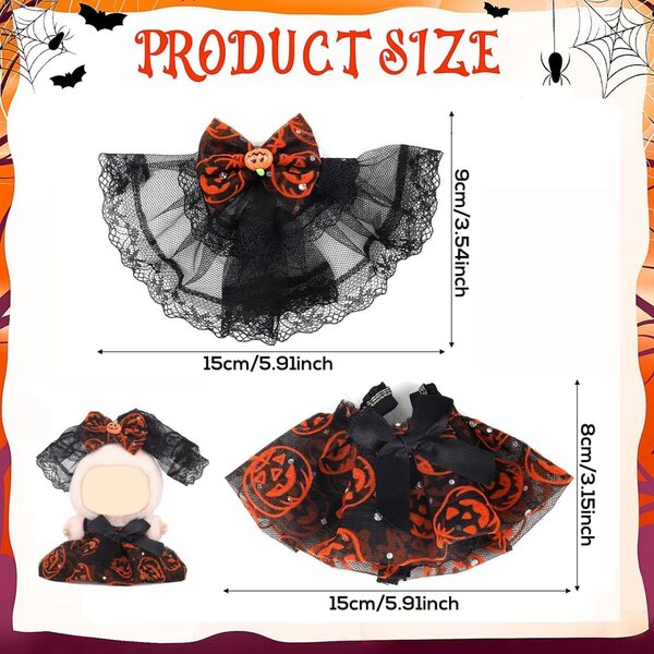 17 cm großes Halloween-Kostüm für Puppe – Kürbisrock und schwarz-orangefarbener Schleifenschleier