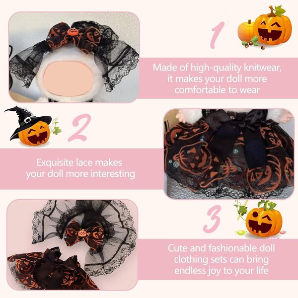 17 cm großes Halloween-Kostüm für Puppe – Kürbisrock und schwarz-orangefarbener Schleifenschleier