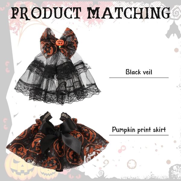 17 cm großes Halloween-Kostüm für Puppe – Kürbisrock und schwarz-orangefarbener Schleifenschleier
