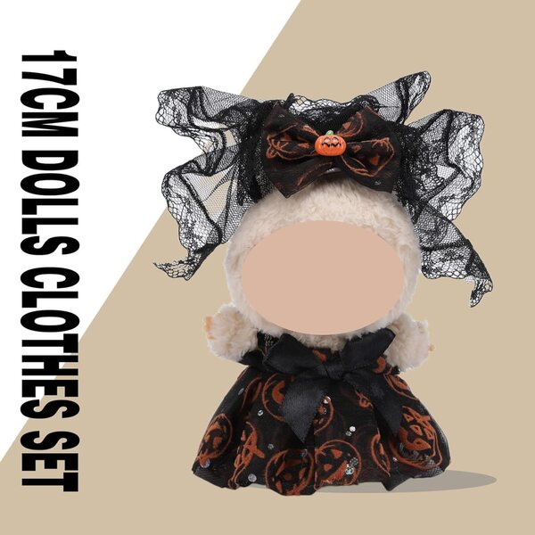 17 cm großes Halloween-Kostüm für Puppe – Kürbisrock und schwarz-orangefarbener Schleifenschleier