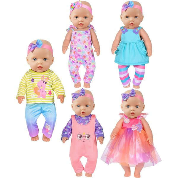 Set 5 vestiti moda per bambole 43 cm con fasce e abito abbinati, morbidi e sicuri
