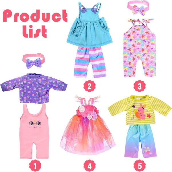 Set 5 vestiti moda per bambole 43 cm con fasce e abito abbinati, morbidi e sicuri
