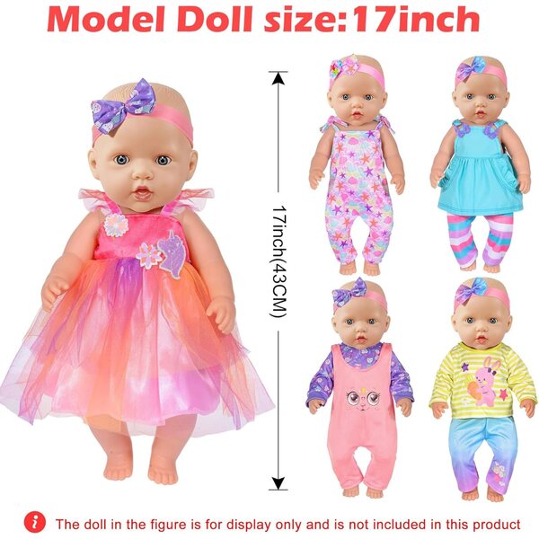 Set 5 vestiti moda per bambole 43 cm con fasce e abito abbinati, morbidi e sicuri