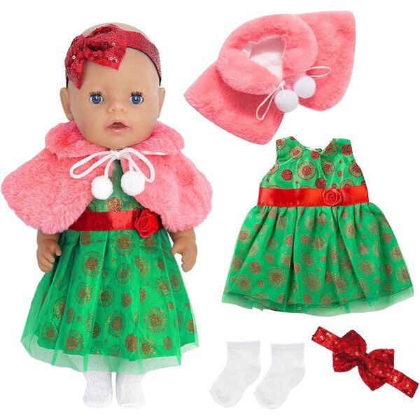 Set mit 4 Weihnachtskleidungsstücken für 30–45 cm große Puppen mit Pailletten, Plüschumhang und Zubehör