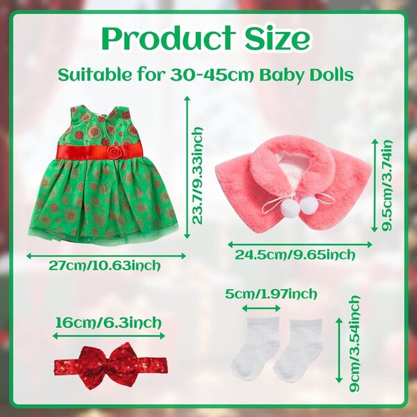 Set mit 4 Weihnachtskleidungsstücken für 30–45 cm große Puppen mit Pailletten, Plüschumhang und Zubehör