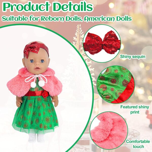 Set mit 4 Weihnachtskleidungsstücken für 30–45 cm große Puppen mit Pailletten, Plüschumhang und Zubehör