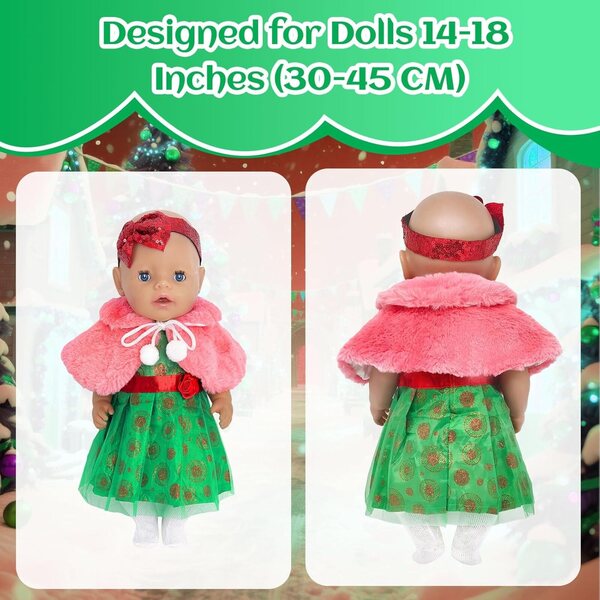 Set mit 4 Weihnachtskleidungsstücken für 30–45 cm große Puppen mit Pailletten, Plüschumhang und Zubehör