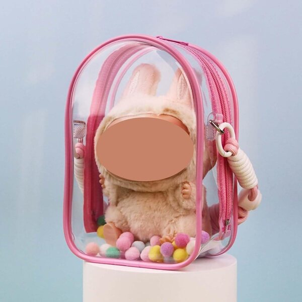 Custodia trasparente rosa Ausi per bambole 15 cm con tracolla e portachiavi in PVC