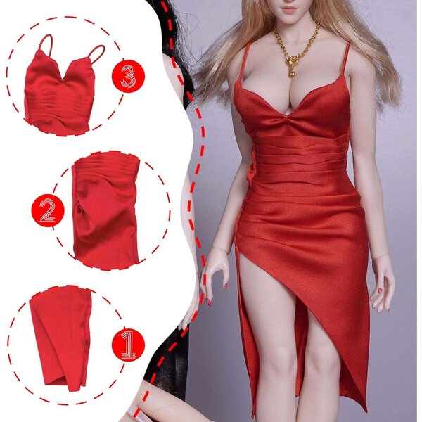 Dunkelrotes Abendkleid aus Stoff für 1:6-Puppe – elegant und realistisch