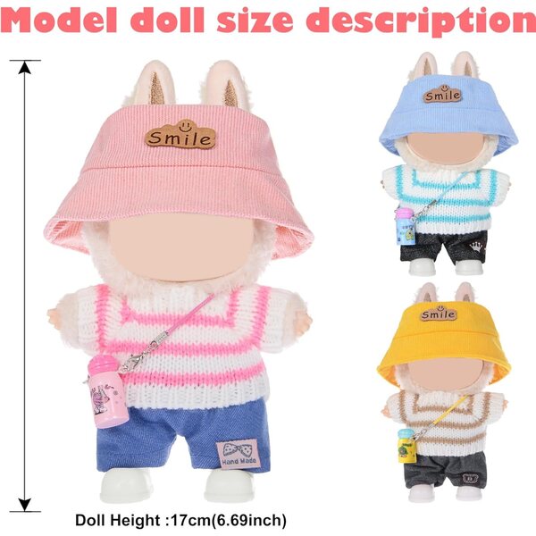 Kleidungs- und Zubehörset für 17-cm-Puppen – 3 Hüte, Pullover, Hosen und Taschen