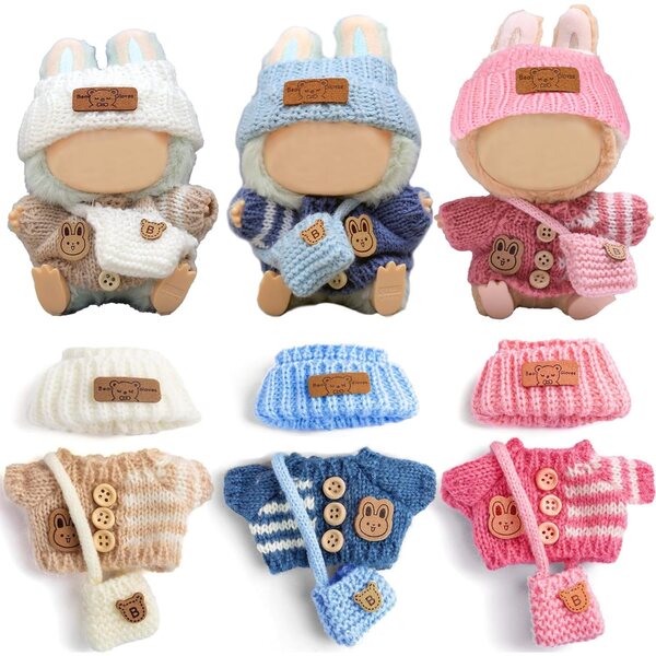 Set mit 3 eleganten Kleidungsstücken und Accessoires für 17-cm-Puppen – 3 Hüte, Pullover und Taschen