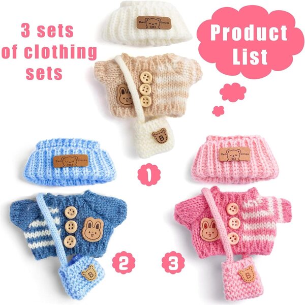 Set mit 3 eleganten Kleidungsstücken und Accessoires für 17-cm-Puppen – 3 Hüte, Pullover und Taschen