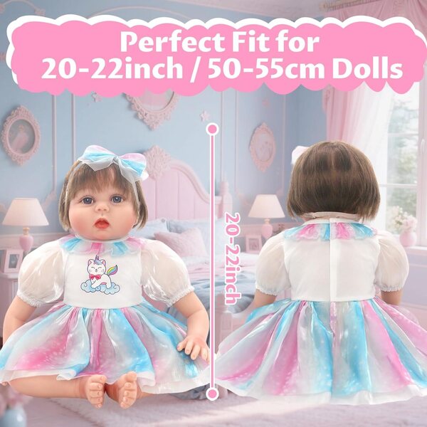 Kleid für 50–55 cm große Puppen mit puderblauem Tüllrock, Schleife und Socken – 4-teiliges Set
