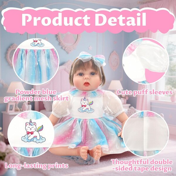 Kleid für 50–55 cm große Puppen mit puderblauem Tüllrock, Schleife und Socken – 4-teiliges Set