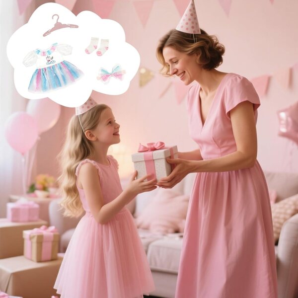 Kleid für 50–55 cm große Puppen mit puderblauem Tüllrock, Schleife und Socken – 4-teiliges Set