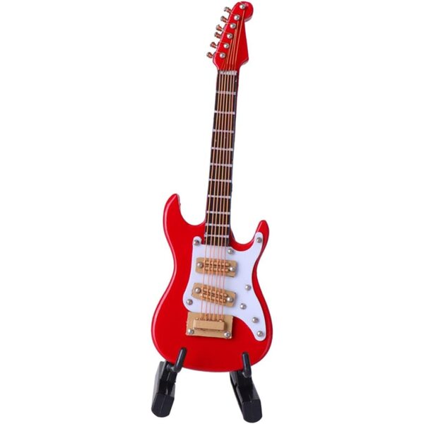 Mini Modello Chitarra Elettrica in Legno Rosso con Supporto, Decorazione Casa e Regalo