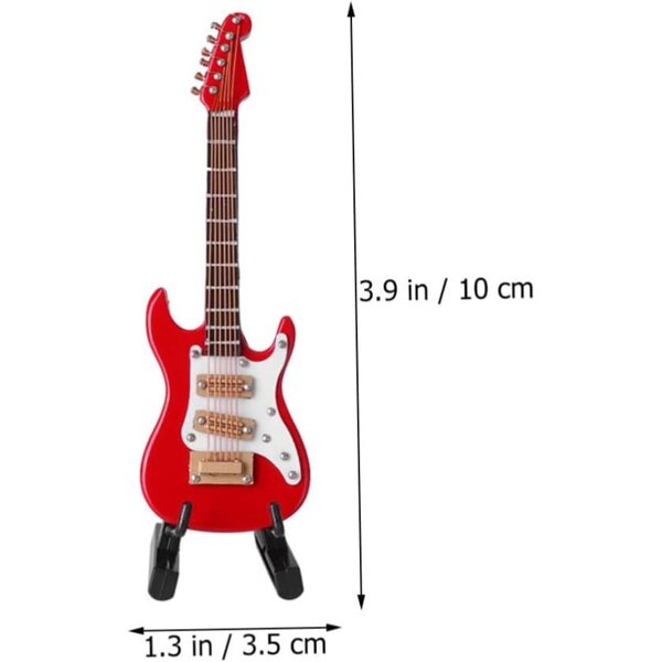 Mini Modello Chitarra Elettrica in Legno Rosso con Supporto, Decorazione Casa e Regalo