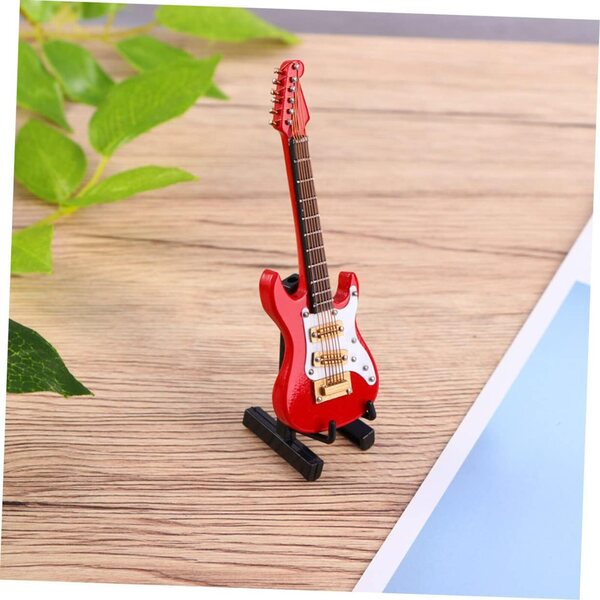Mini Modello Chitarra Elettrica in Legno Rosso con Supporto, Decorazione Casa e Regalo
