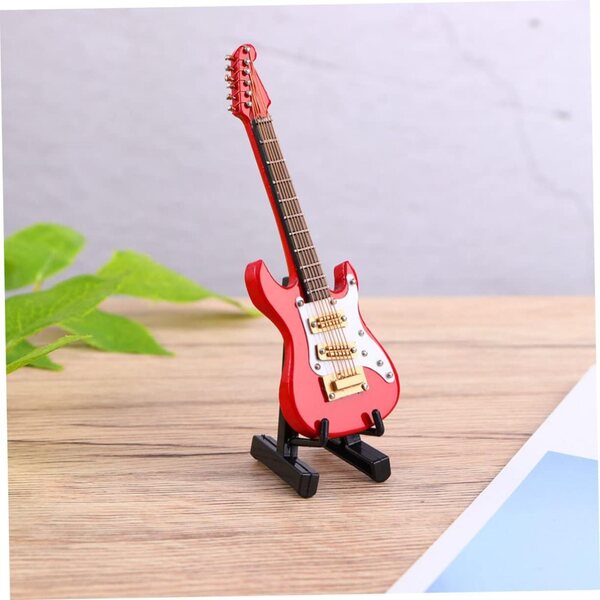 Mini Modello Chitarra Elettrica in Legno Rosso con Supporto, Decorazione Casa e Regalo