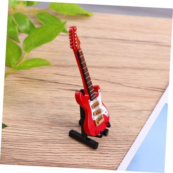 Mini Modello Chitarra Elettrica in Legno Rosso con Supporto, Decorazione Casa e Regalo