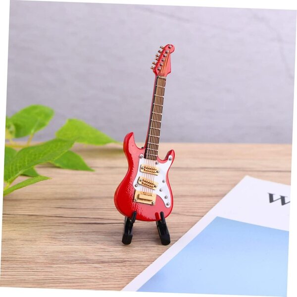 Mini Modello Chitarra Elettrica in Legno Rosso con Supporto, Decorazione Casa e Regalo