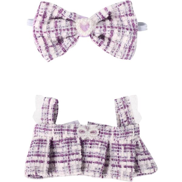 Lyreh-Set, 2-teilig, lila Tweed-Kleid und Schleifenschärpe für 17 cm große, elegante, schicke Puppe