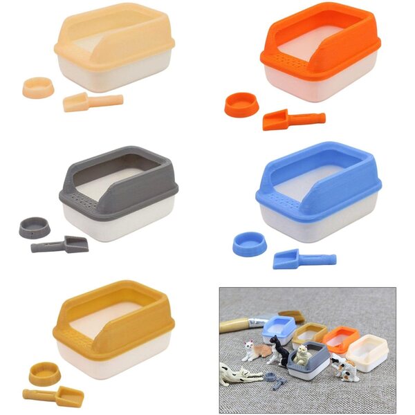 Gissroys Miniatur-Spielset mit Katzentoilette und Futternapf im Maßstab 1:12